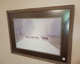 Framed wildlife picture deer crossing the road