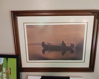 Serene framed picture canoe duck hunter