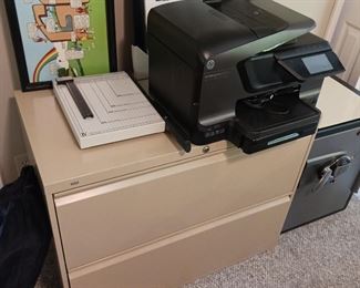 Hewlett-Packard all-in-one printer comma / lateral two-drawer filing cabinet