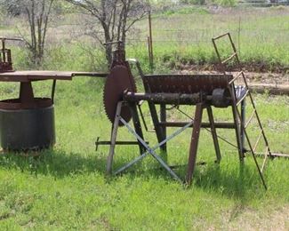 Metal Work Table With 2 Plumbers Vise, Very Old Firewood Cutting Saw
