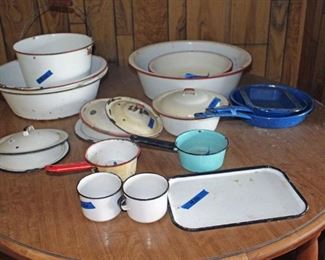 Red and white, blue and white enamel ware.