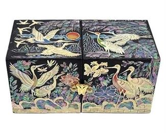 Vintage Korean Mother of Pearl Inlaid Black Lacquer Jewelry Box