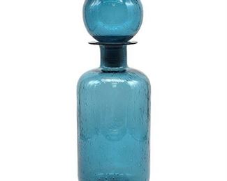 Mid-Century Blue Seeded Glass Bottle w/ Ball Stopper