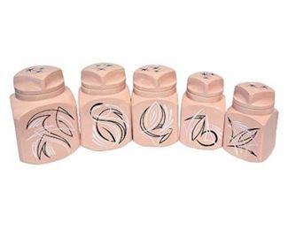 Mid-Century Pink Ceramic Kitchen Canister Set w/ Pinstriped Details