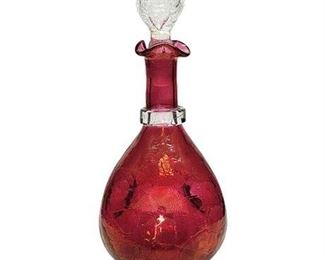 Blenko Cranberry Crackle Glass Pinched/Dimpled Decanter