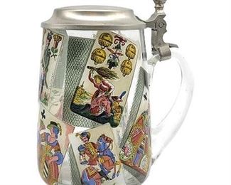 Vintage Lidded Glass Beer Stein w/ Antique Jasskarten Decals