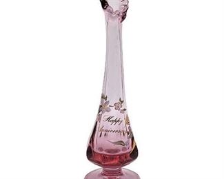 Fenton Hand Painted Happy Anniversary Cranberry 8" Swung Glass Vase