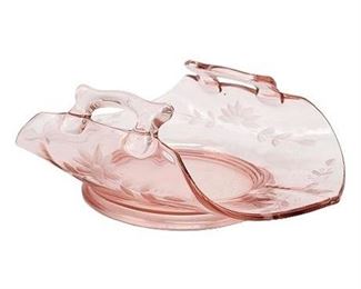 Folded Etched Pink Depression Glass Plate