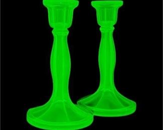 Vintage Cambridge Uranium Glass Single Light Candlestick Pair