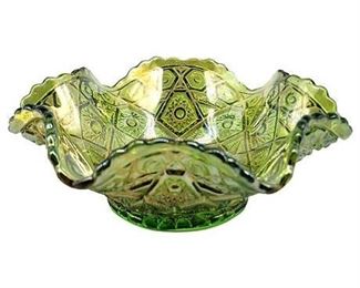 Imperial Glass Diamond Lace Green Carnival Uranium Glass Candy Dish