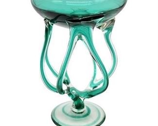 Mid-Century Jozefina Krosno Octopus/Jellyfish Green Art Glass Pedestal Bowl