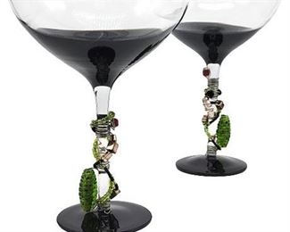 Pair Bead Embellished Art Glass Martini/Cocktail Glasses