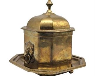 Vintage Brass Decorative Tea Caddy/Tobacco Box w/ Underplate