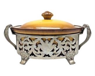Antique French La Silicite Depose Ceramic Casserole in Metal Holder