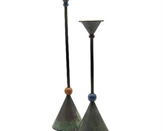 Pair Milano Series Memphis Style Verdigris Candlesticks
