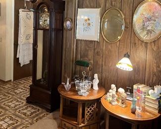 Grandfather clock, side tables, table lamps, figurines, paintings, books, 