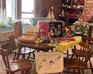 Table, vintage toys, metal trays, vases, glassware