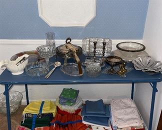 Assorted Linens & Serving Pieces 