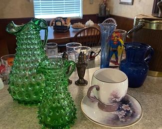 Green Hobnail Pitchers, Superman Vintage Drink Glass, Blue Glass