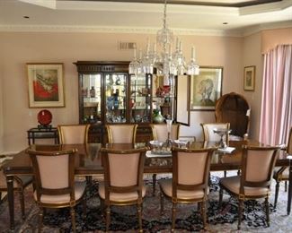 Karges dining table, 2 leaves, 10 chairs, server and Chinoiserie china cabinet.  Original cost was over $50,000.