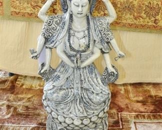 19th Century Kwan Yin with 8 hands.  Signed pottery.  Ht:  26"