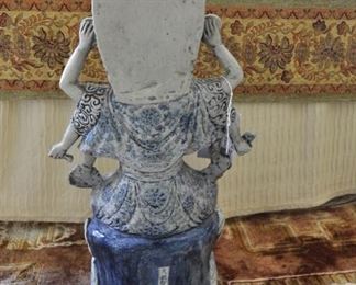 19th Century Kwan Yin with 8 hands.  Signed pottery.  Ht:  26"