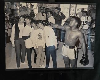 Vintage 1964 Huge 40" x 30" Photo Poster of Muhammad Ali with The Beatles in Black and White.