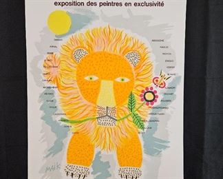 Original Mourlot Lithographic Art Poster HENRI MÄIK "Festival des Artes "Lion with Flower & Butterfly" 1964