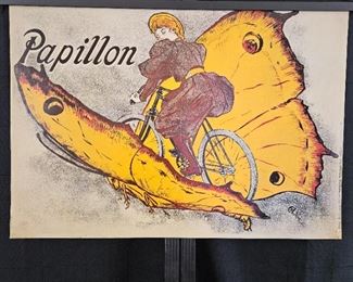 Lot # 111 ~ Vintage Advertisement Offset Lithograph Art Poster "Papillon" Shows Woman on Bicycle Riding a Butterfly 31" x 22"