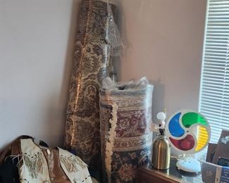 three large and extra large persian rugs, indian wear, vintage light lamp, equestrian awards and photos