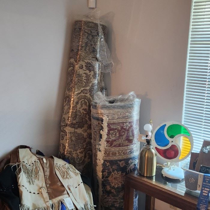 three large and extra large persian rugs, indian wear, vintage light lamp, equestrian awards and photos