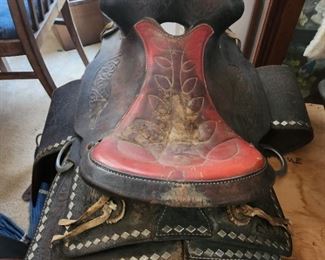  mini horse, 1950's wooden vintage saddle