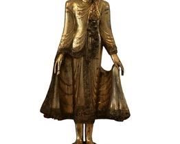 $5000 USD     Monumental Mandalay Gilt Buddha w Inlay Sculpture HR177-29      Description: 19th C. The luxurious gilt wooden frame decorated with inlaid glass that surrounds the Buddha is a reminder that such sculptures did not exist by themselves, but were the focal points of temples and shrines. Although this work is still removed from its natural context, the frame helps convey how this Buddha would have related to his original setting. This tall work is clearly meant to dominate the spectator with both its size and its splendor. This magnificent sculpture of the Buddha was surely once the focal point of a Mandalay shrine that would have captured the eyes and hearts of the faithful with its artistic beauty and spiritual brilliance.
Dimensions: 28 x 67"H with wooden stand 78"H
Condition: Very good condition
Local pick up NW Washington, D.C.  Contact us for shipper suggestions.      https://goodbyhello.com/products/large-gold-buddha-sculpture-hr177-29?_pos=18&_sid=f3a74cf28&_ss=r