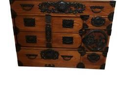 $300 USD     Handmade Tansu Chest on Stand HR177-11     Description: Yew wood chest with painted red finish, four drawers - Heavy black metal phoenix-motif hardware - Condition good - Early 20th century - The sides also have iron work and the two chest pieces have iron handles on the sides, originally designed for carrying by sliding a piece of bamboo through the handles.
Dimensions: 45''L x 17''D x33.5"H
Condition: Top needs to be refinished 
Local pick up Washington DC.  Contact us for shipper suggestions.     https://goodbyhello.com/products/handmade-tansu-chest-on-stand-hr177-11?_pos=4&_sid=f3a74cf28&_ss=r