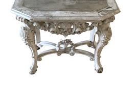 $625 USD     Distressed French Carved Wood Vintage Accent Console Table HR177-35    Description:  French carved softly hand painted console table with intricate carved detail. The finish is painted in soft muted color. The table stands on four cabriole shaped carved acanthus leaf legs that are connected by a bottom stretcher.
Dimensions: 39 x 22 x 33"H
Condition: Very good vintage condition
Local pick up  NW Washington, D.C.  Contact us for shipper suggestions.     https://goodbyhello.com/products/distressed-wood-vintage-accent-table-hr177-35?_pos=24&_sid=f3a74cf28&_ss=r