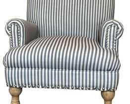 $120 USD      Blue White Striped Nail Head Trim Accent Chair HR177-10    Description: 
Traditional upholstered arm chair with country chic flair. Perfect for your living room, bedroom or home office. Great as a comfy desk chair for adults to work long hours on the computer.
Sturdy frame is durable, reliable and provides long-lasting support. Comfortable and casual t-cushion seating. Solid wood turned feet with a natural finish.
Front facing rolled arms with silver nail head trim detailing across the front and up the arms.
Dimensions: 30.25 x 29.13 x 35.75"H
Condition: Very good condition
Local pick up Washington DC.  Contact us for shipper suggestions     https://goodbyhello.com/products/blue-white-striped-nail-head-trim-accent-chair-hr177-10?_pos=27&_sid=f3a74cf28&_ss=r