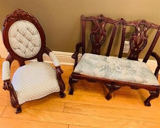 child's size  upholstered and mahogany classical chair and settee 