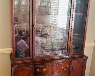 precious small china cabinet filled with brand new gold banded Mikasa stems--never used