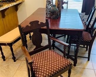 Mint  small table with four chairs  and a custom made bench--Note the table can be extended with two additional leaves