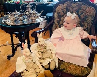 Reed and Barton silverplate  coffee  and  tea  service, two brand new Department 56 rabbits and of course this  is  just  one  of the dozens  of beautiful girl's  dresses  available