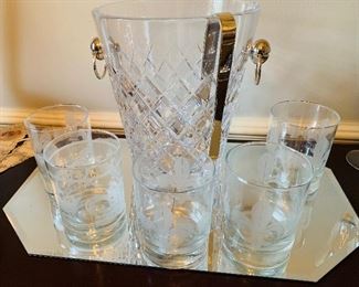 New Mikasa crystal ice bucket and 5 Mignon Faget "on the rocks" glasses