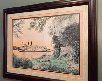 Colored signed print of the Mississippi Queen by pointillist  Ed Reaume