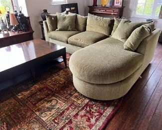 The coffee table, green sofa, and rug are all for sale.
