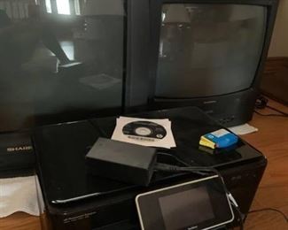 Sharp 27 inch TV, Curtis Mathis TV with built in VCR , an HP printer model All in One C310 and JVC VCR