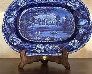 Antique dark blue historical transferware oval platter.