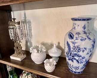 Pair of girandole candlesticks, hobnail glass & Asian vase.