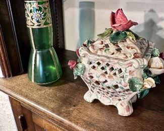 Bohemian green glass vase with enameled flowers.