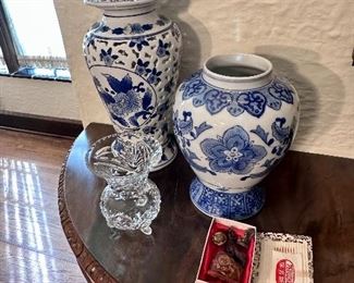 Collection of blue & white Asian style vases.