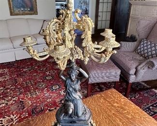 Fantastic cast bronze figural 5-arm candelabra, marble base.