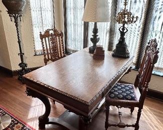 Carved oak desk or center table, gargoyle legs!